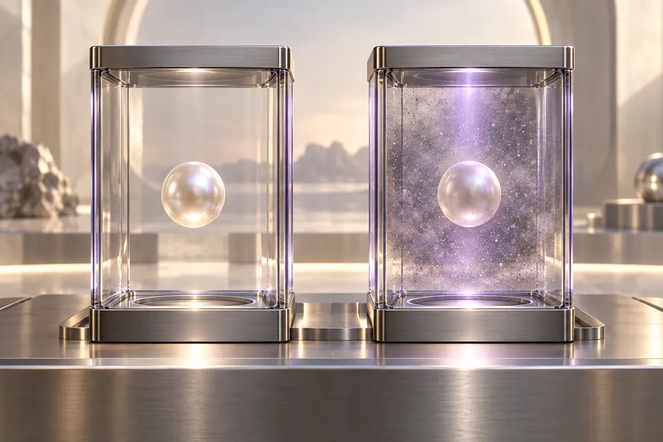 Two glass chambers representing different observation conditions.
