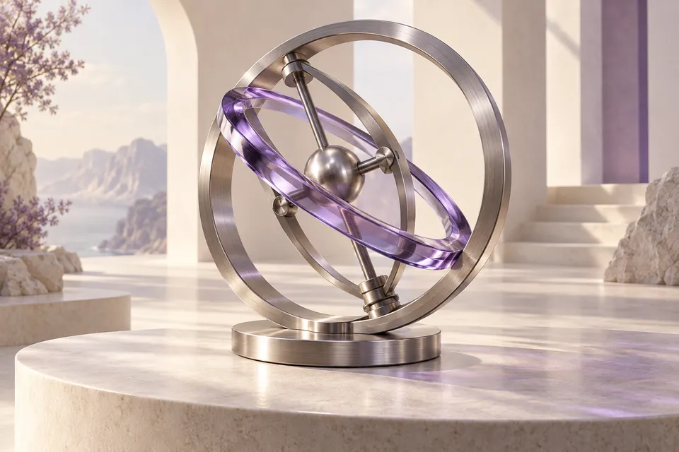 Titanium time sculpture with a translucent violet ring.