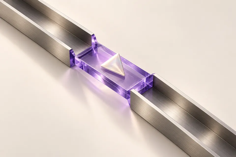 Titanium channels joined by a violet glass connector.