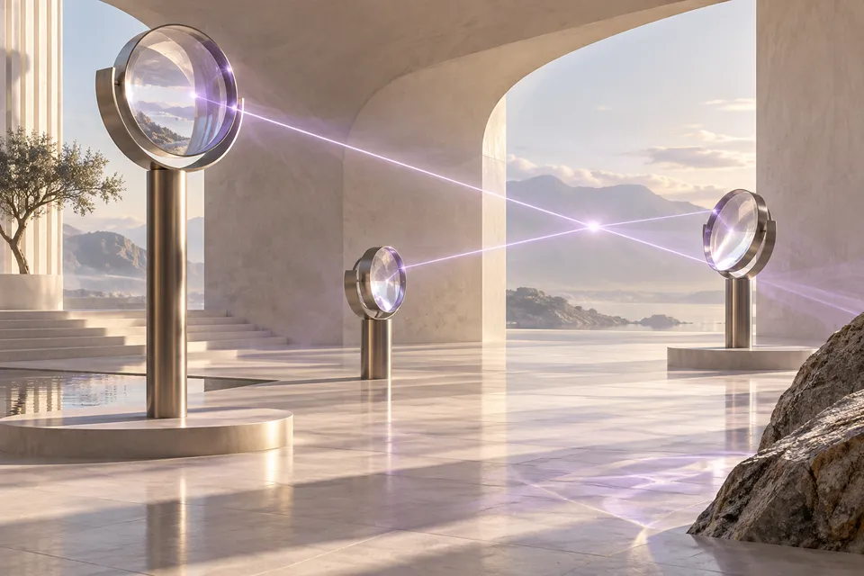 Glass lenses casting intersecting violet rays.