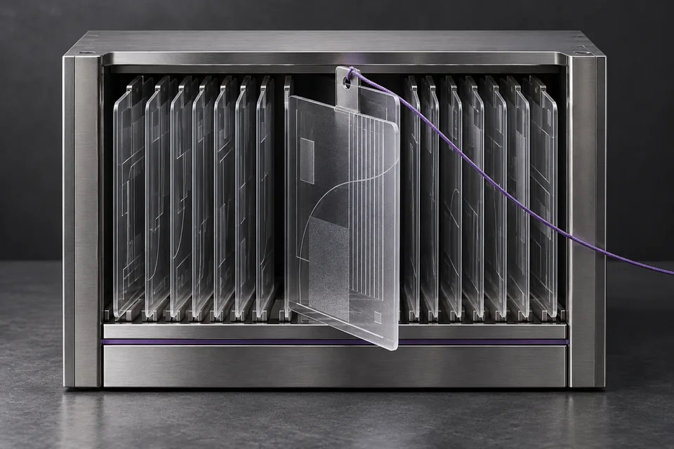 A titanium archive stores translucent records, with one selected sheet connected by a violet thread.