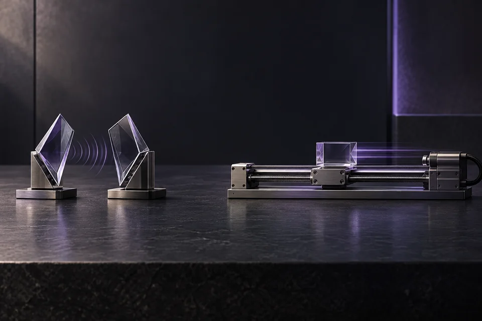 Paired glass reflectors sit beside a linear actuator moving a glass block, contrasting conversation and action.