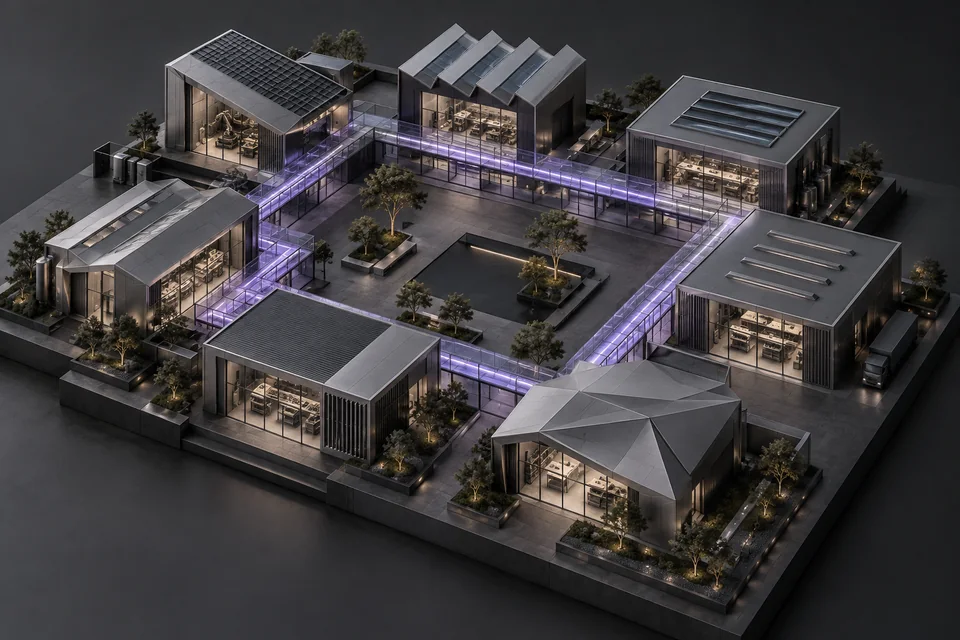 Seven architectural workshop bays connect through a violet-lit glass corridor around a courtyard.