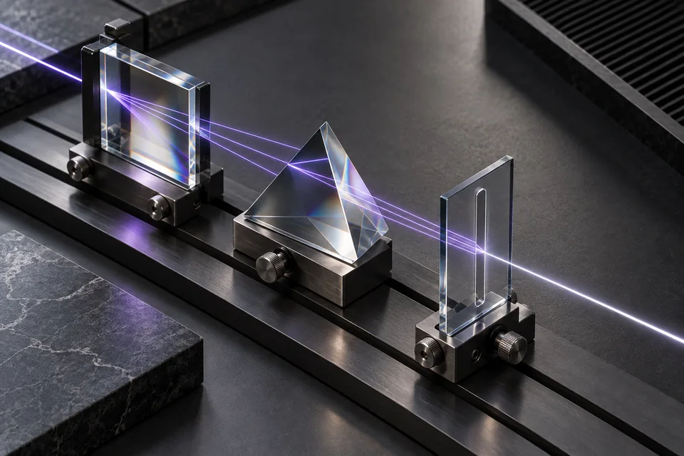 Three distinct optical elements guide a violet beam across a precision bench.