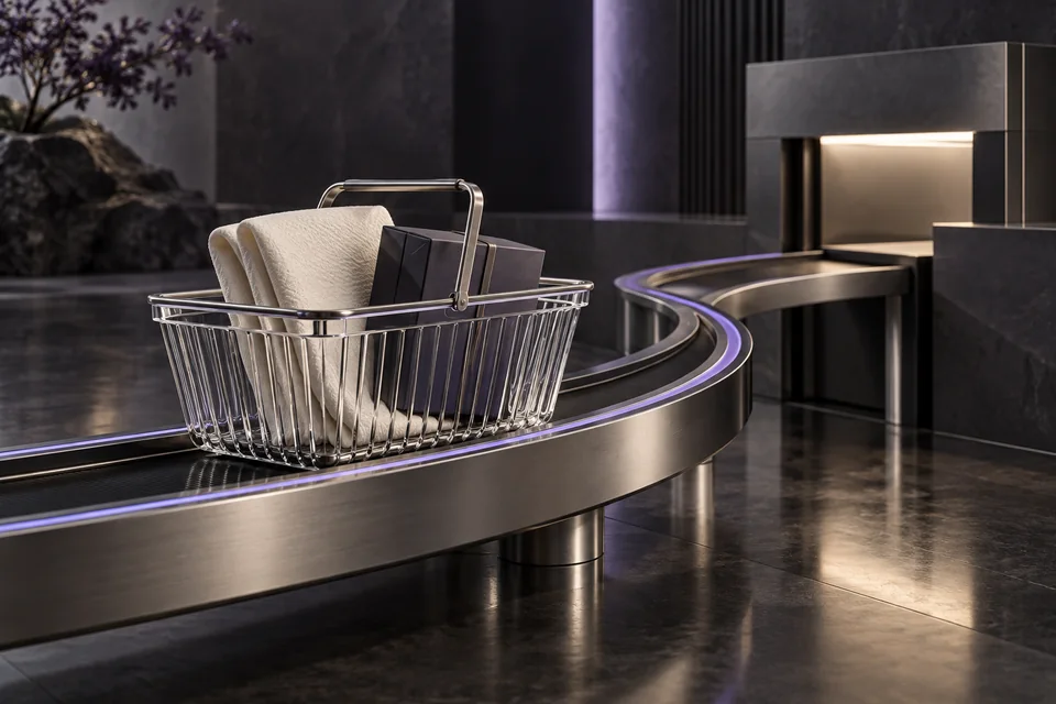 A shopping basket follows a curved titanium track toward a purchase threshold.