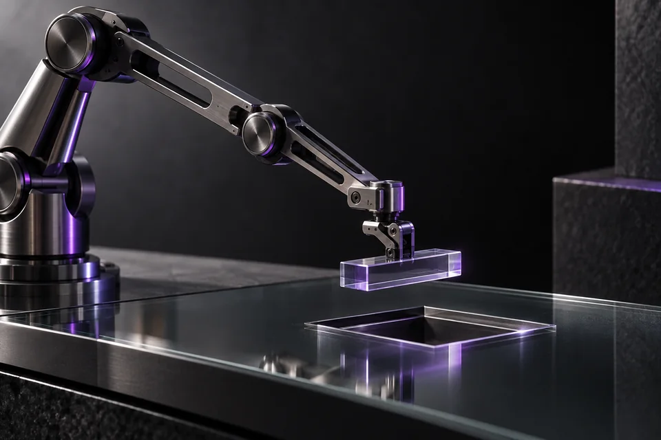 A precision mechanical arm places a glass task tile into a matching slot.