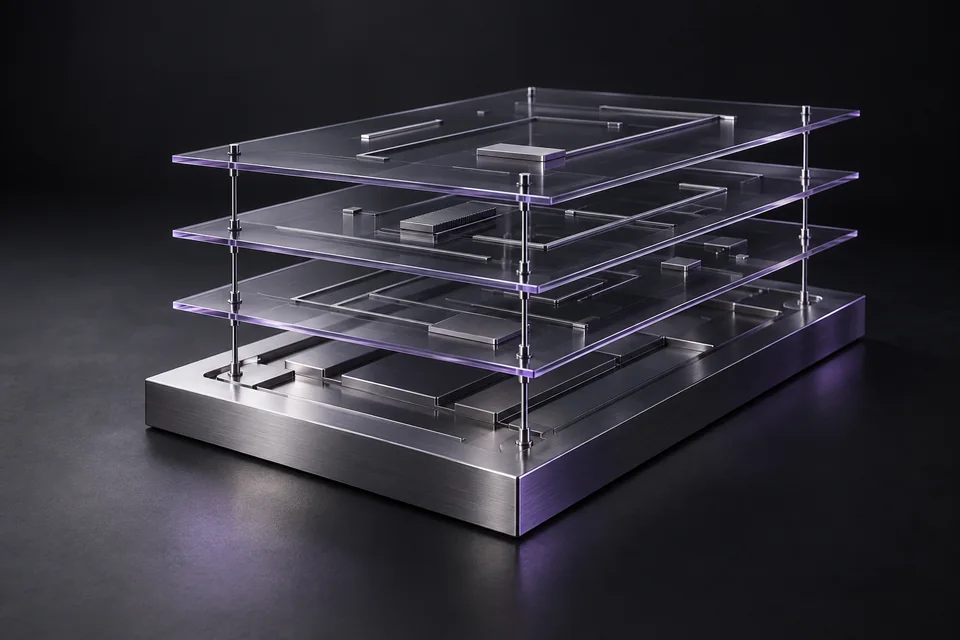 Layered glass channels align above a titanium base to form one connected system.