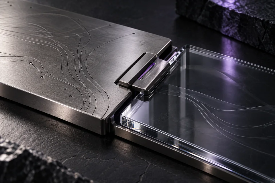 A retaining clip joins an etched titanium record plate to a durable glass card.