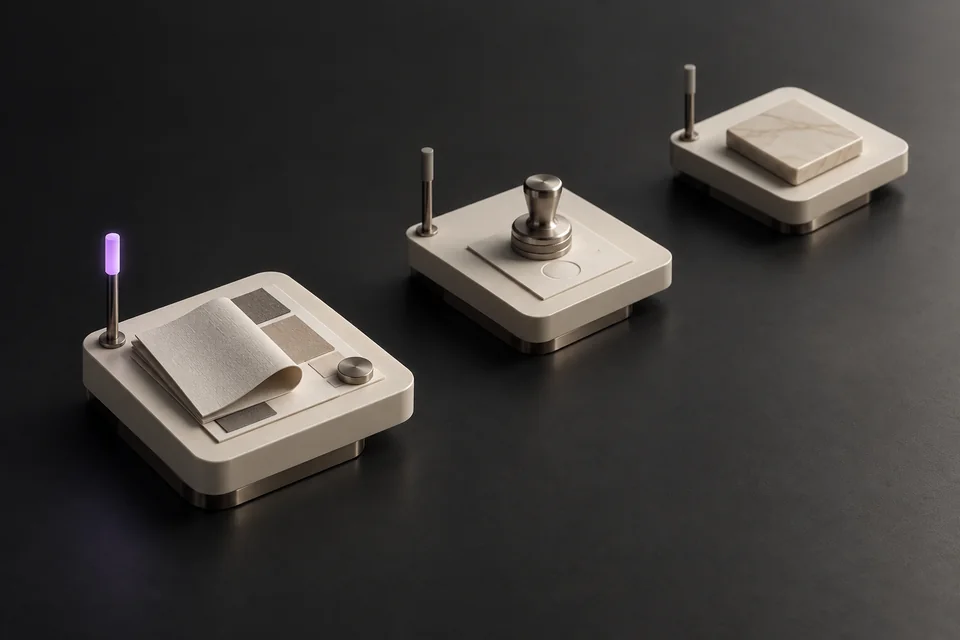 Three sculptural workstations form a sequence, with a violet marker selecting the first.
