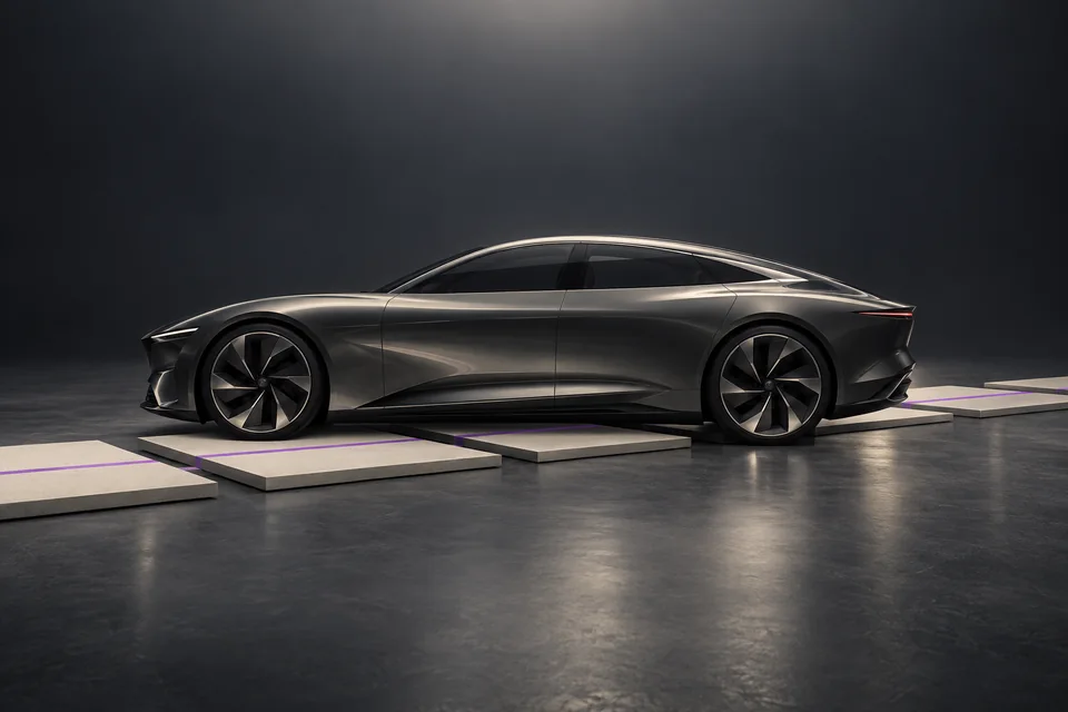 An unbranded futuristic car rests above separated track segments connected by a violet line.