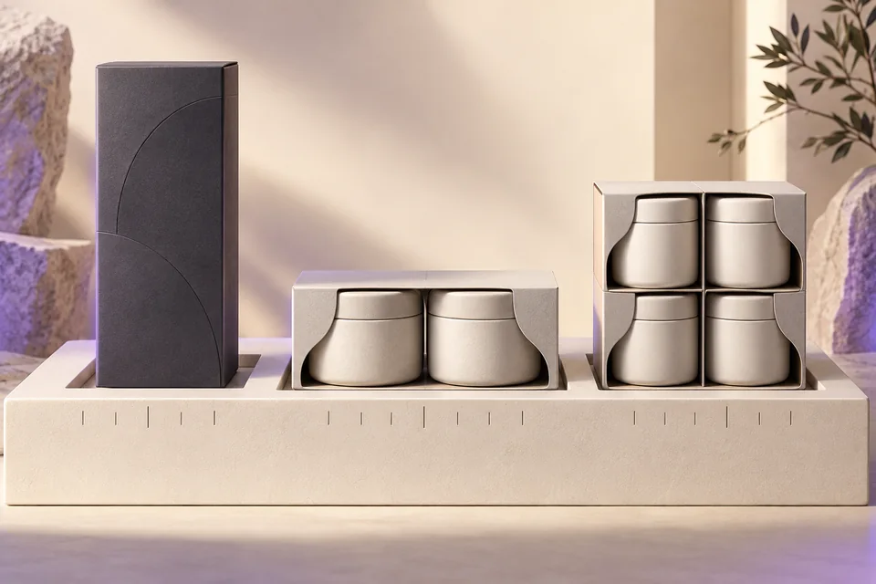 A single carton, a twin pack and a four-unit pack occupy separate positions on a calibrated plinth.