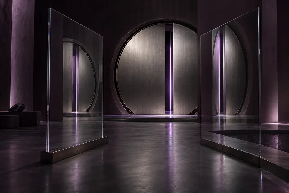 A partly closed titanium portal viewed through two glass panes.