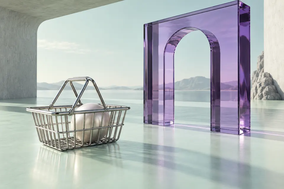 Chrome shopping basket beside a violet glass gate.
