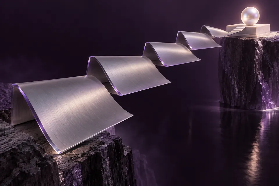 Folded titanium sheets forming a bridge toward a pearl sphere.
