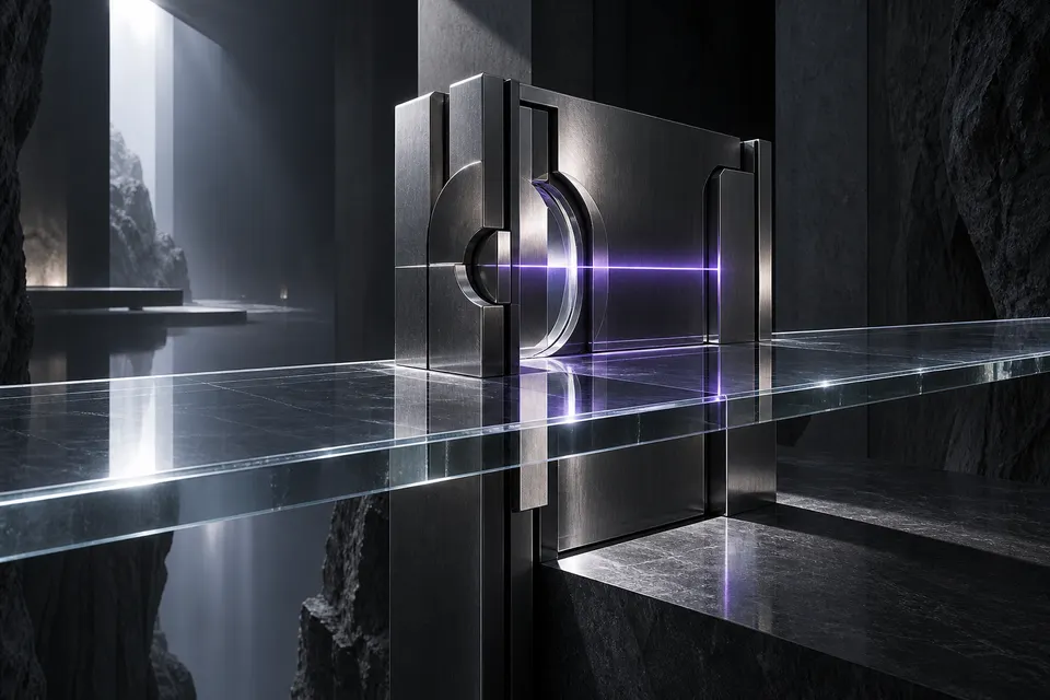 Precision titanium checkpoint controls a glass pathway.
