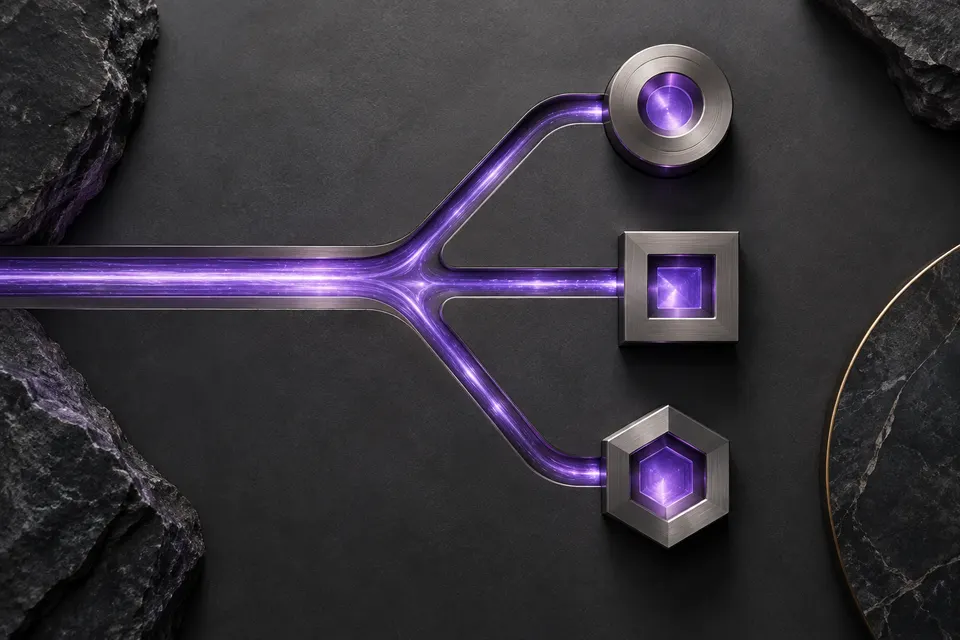 Violet channels route to three distinct titanium ports.