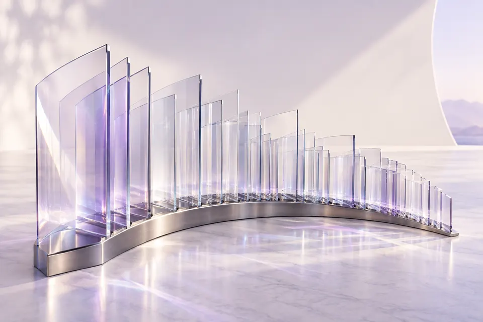 A curved archive sculpture of transparent sheets on a titanium spine.