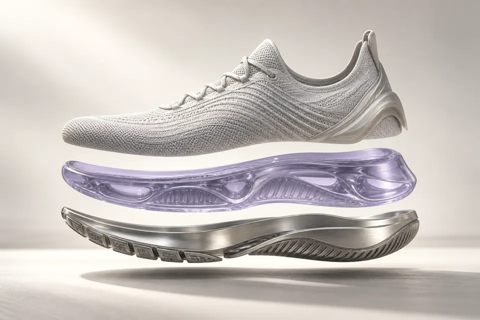 A technical shoe separated into textile, glass and titanium layers.