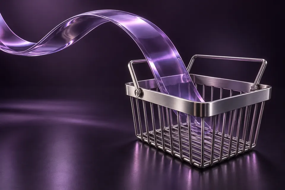 A violet glass ribbon returning into an open silver shopping basket.