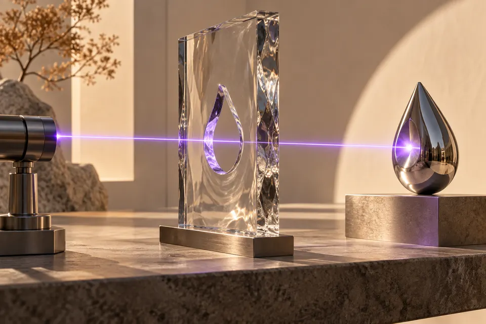 A violet beam passing through a glass aperture toward a matching silver form.