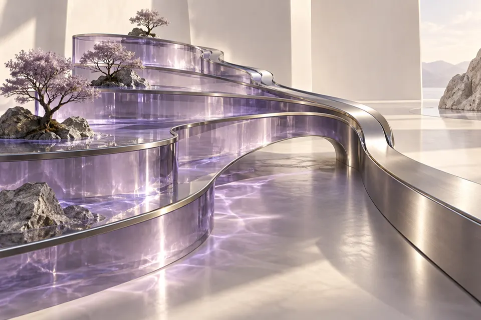 Lavender glass terraces converging into a curved titanium pathway.