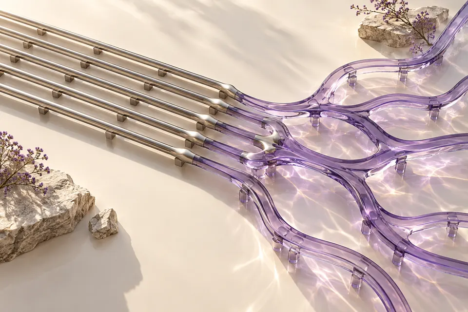 Straight metal rails transition into branching glass paths.
