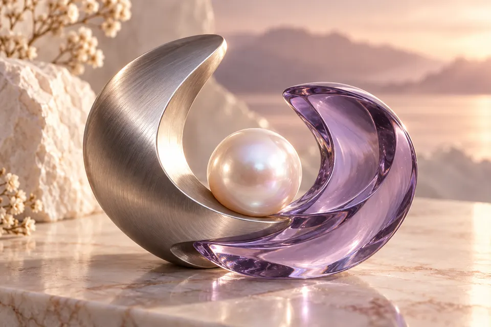 Glass and titanium supports cradle a pearl.