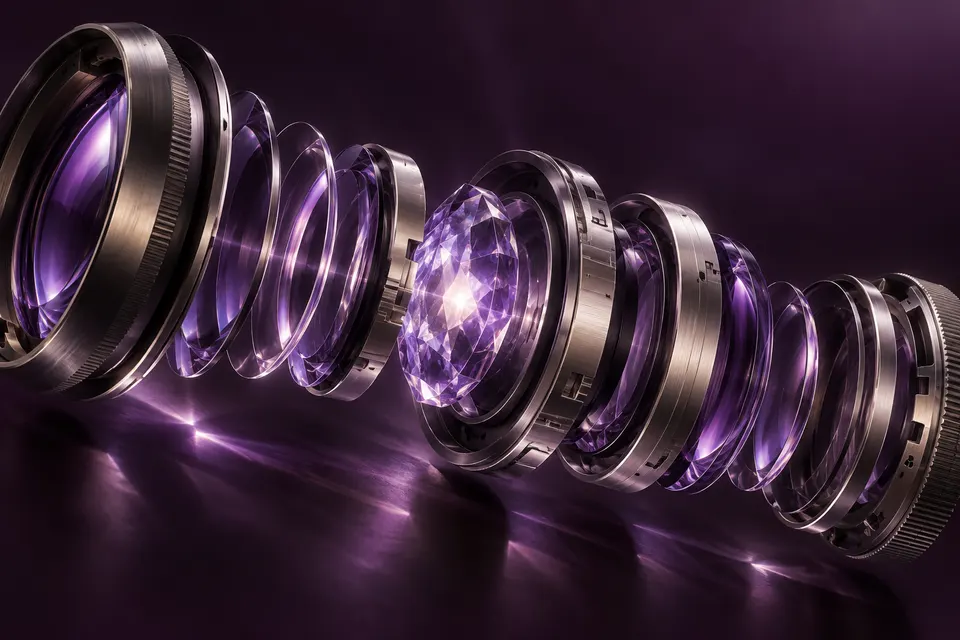 Exploded glass and titanium instrument reveals its internal layers.