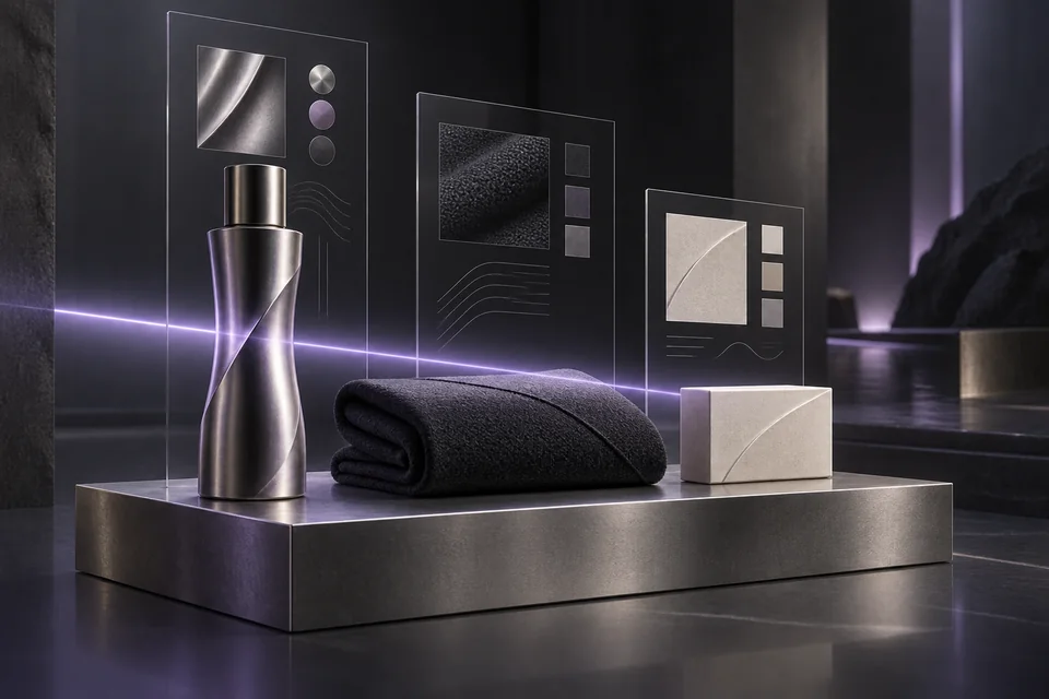 Three products paired with transparent data panels under a violet scanning beam.