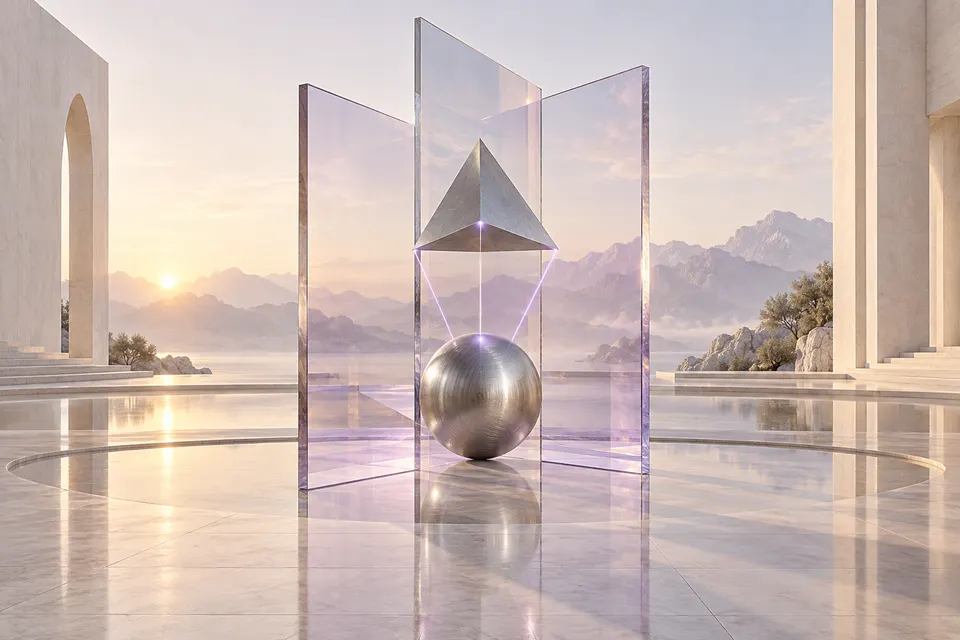 Glass planes and titanium shapes connected by violet light.
