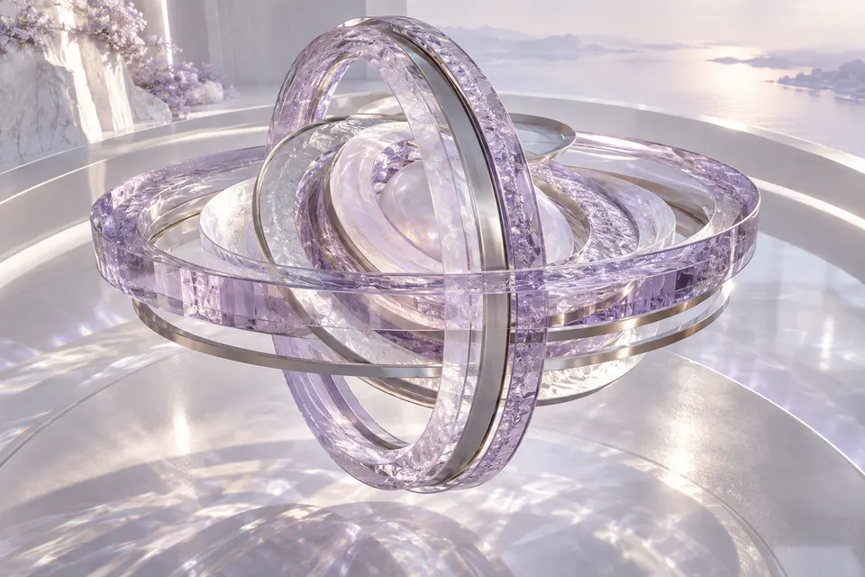 Intersecting translucent archive rings represent layers of knowledge.