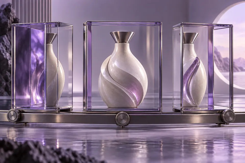 Ceramic product within successive glass display frames.