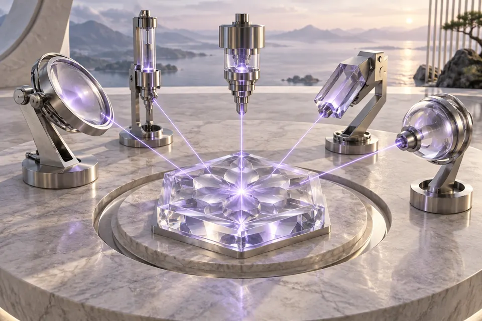 Five precision instruments focusing on a shared glass workpiece.