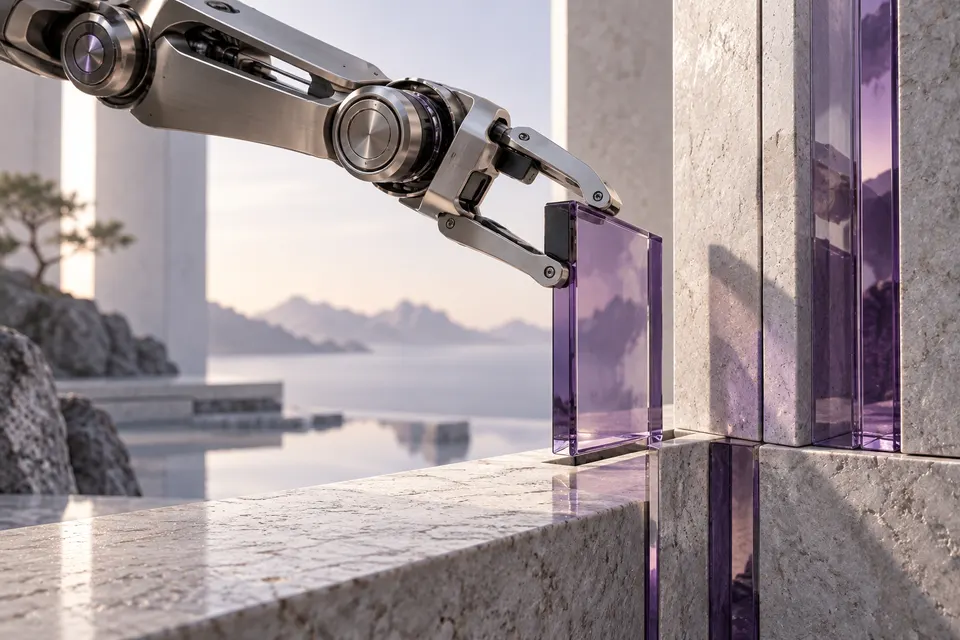 Articulated titanium mechanism aligning a violet glass tile.