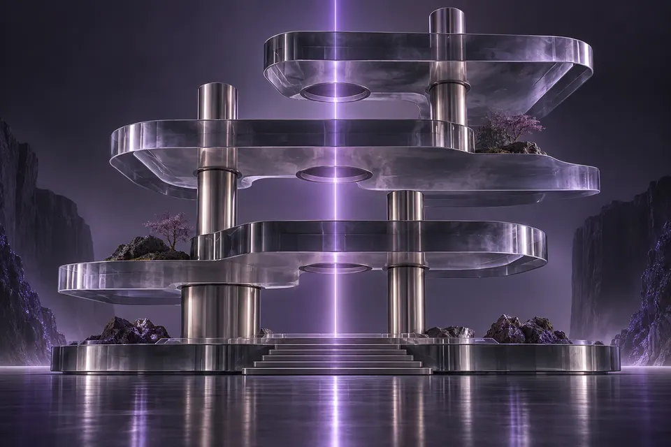 Layered glass platforms and titanium pillars crossed by violet light.