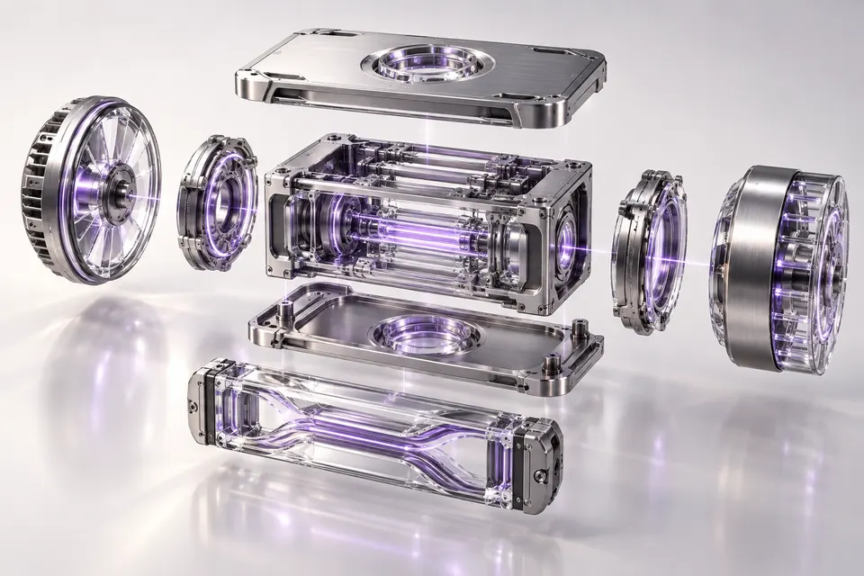 Seven glass and titanium components arranged around a central chassis.
