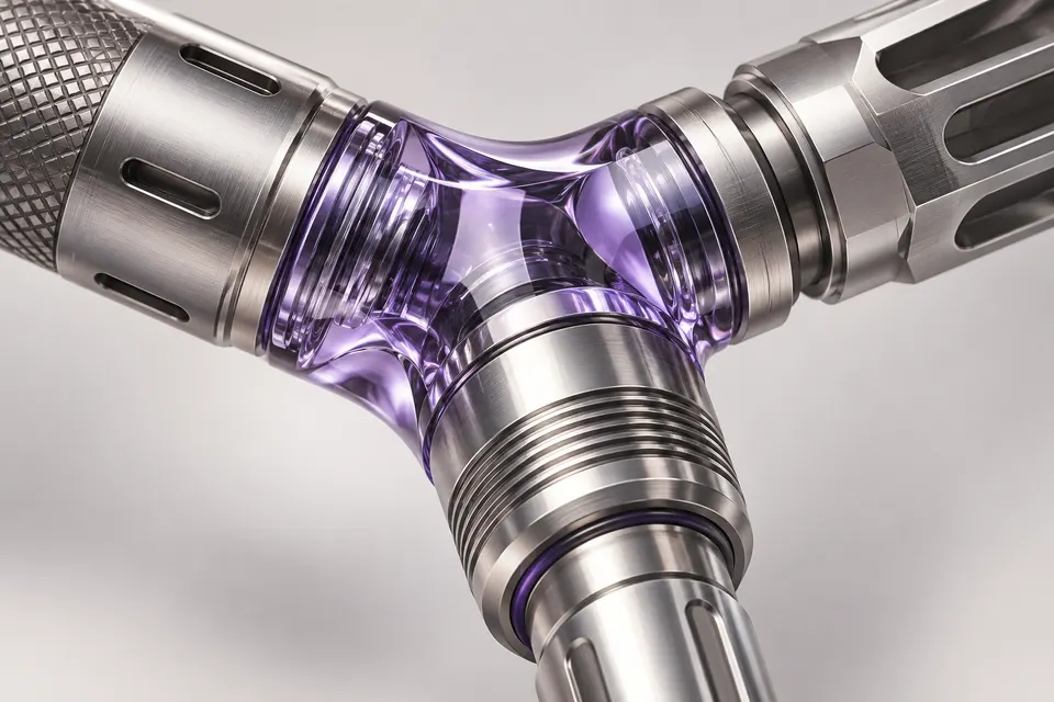Different titanium connectors joined through a transparent violet adapter.